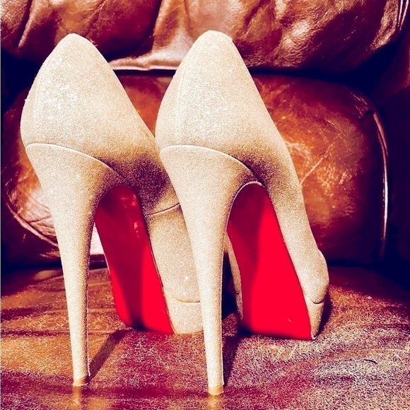 Christian Louboutin Shoes - Christian Louboutin Lady Peep 150mm 1" Plat, Champaign Glitter wrapped Lthr EU40